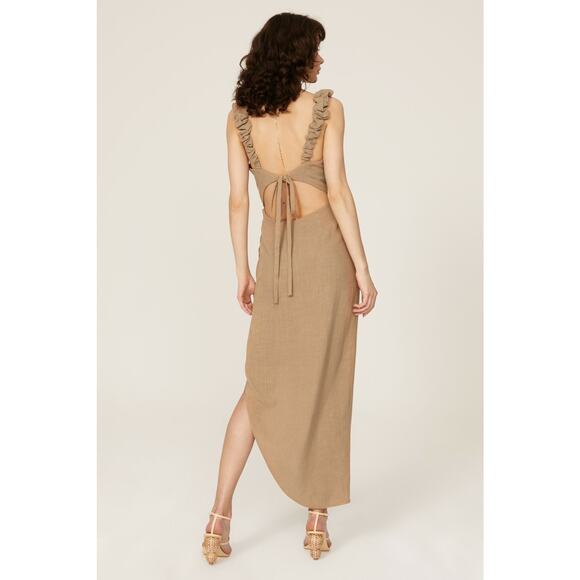 Just Bee Queen Aria Brown Linen Asymmetric Ruched Tie Back Midi Dress Size S - Picture 3 of 13